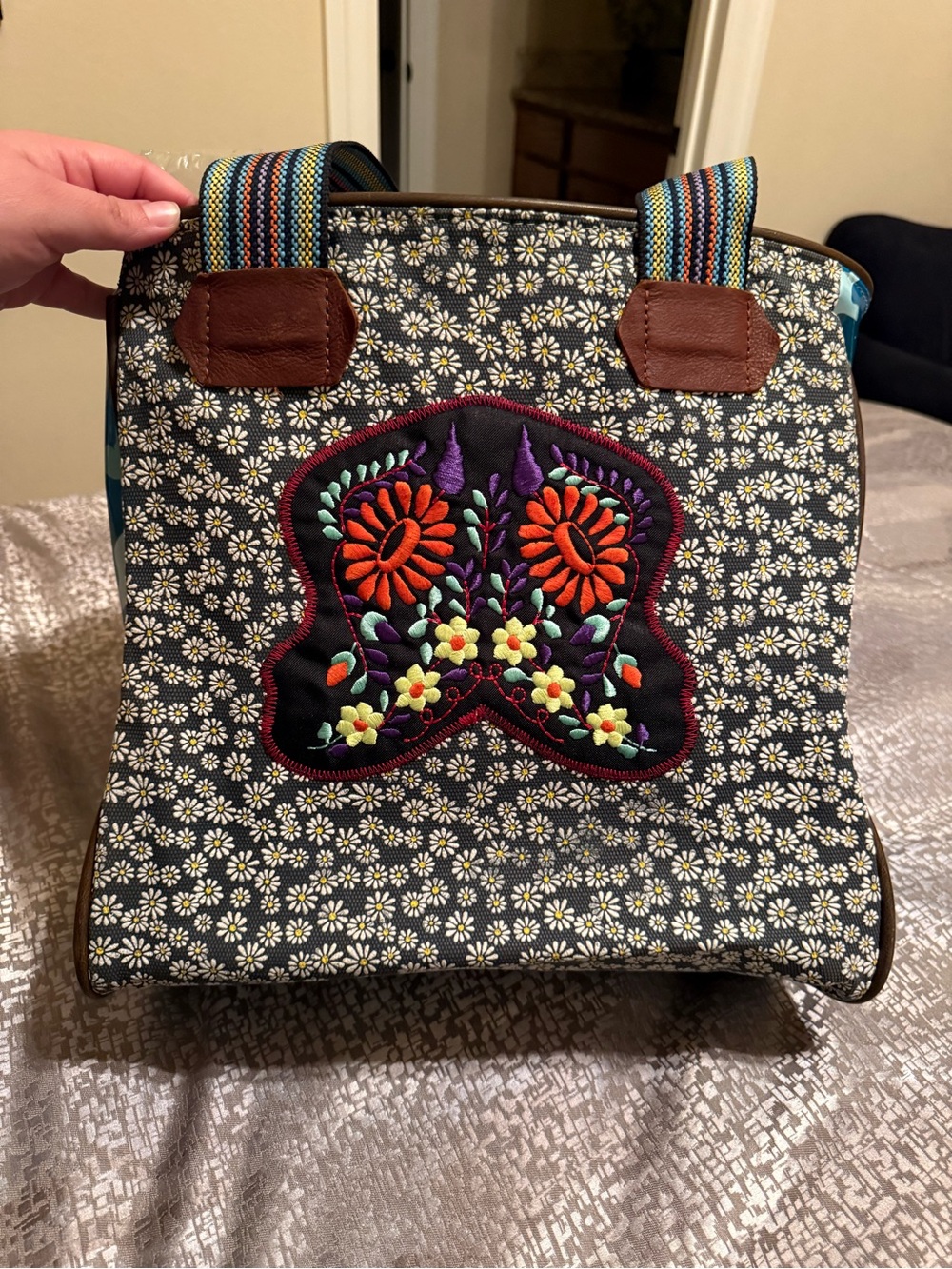 Consuela Daisy Print Tote with Embroidered Floral Patch